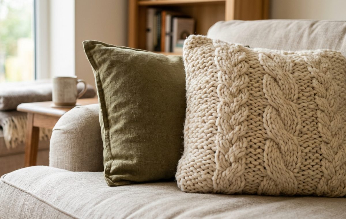 Close up of textured throw pillows including a cream cable knit and an olive green linen cushion on a neutral sofa.