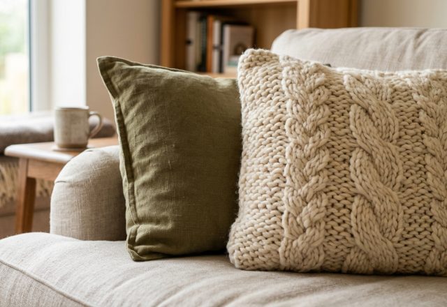 Close up of textured throw pillows including a cream cable knit and an olive green linen cushion on a neutral sofa.