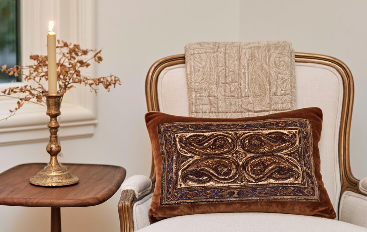 A brown velvet accent pillow with paisley pattern resting on an antique white chair next to a wooden side table with a candle.