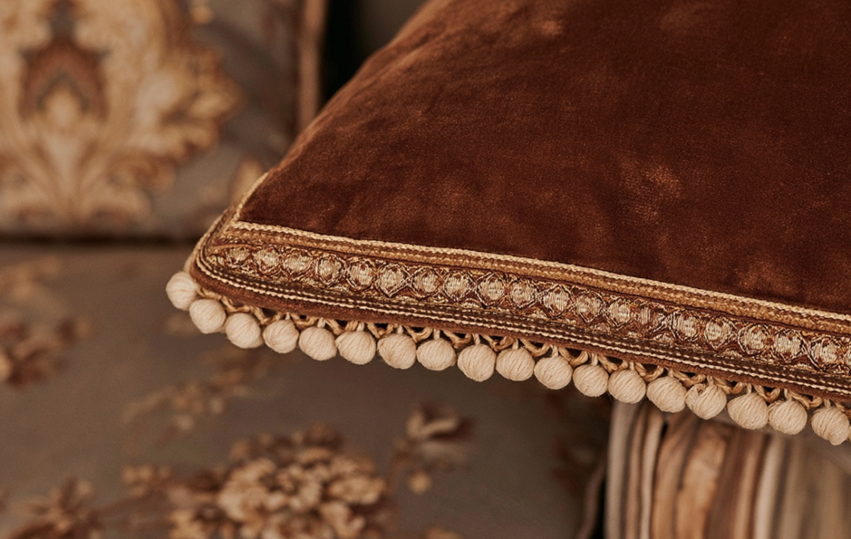 Close up of rich brown velvet throw pillow with gold brocade trim and pom pom fringe in a living room.