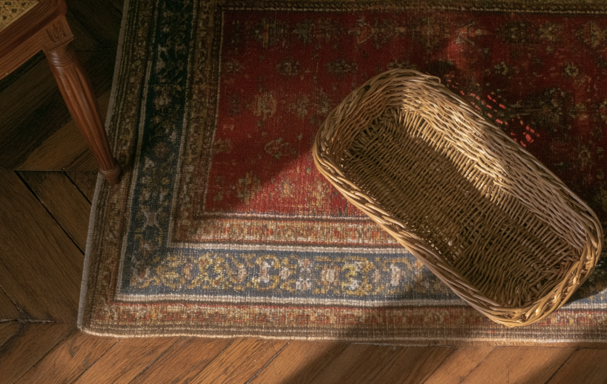 Vintage woven basket sitting on a red antique rug over herringbone hardwood floors