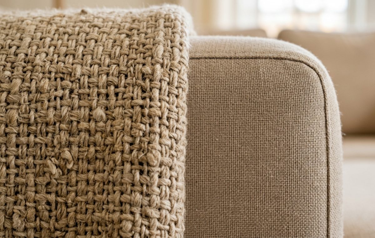 A close-up view of a heavy textured throw blanket draped over a neutral sofa arm.