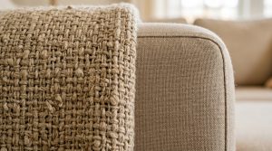 A close-up view of a heavy textured throw blanket draped over a neutral sofa arm.