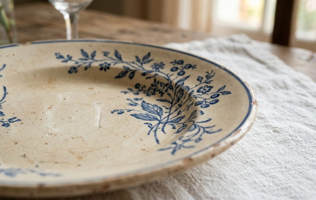 A rustic vintage transferware plate with blue floral motifs resting on a textured linen table runner.
