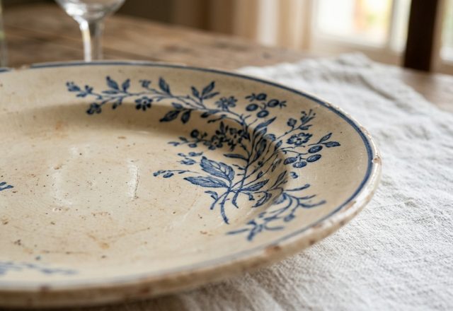 A rustic vintage transferware plate with blue floral motifs resting on a textured linen table runner.