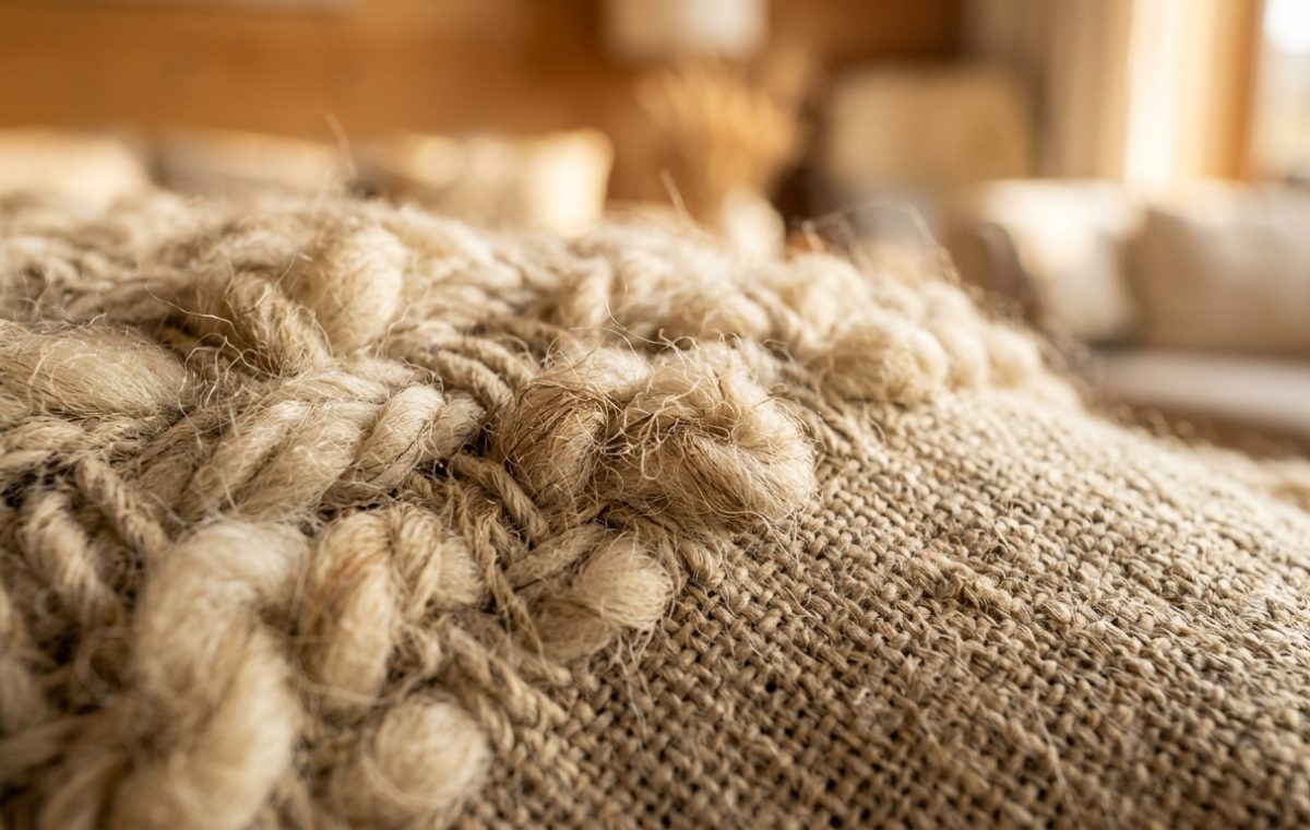 Close-up of thick textural home textiles with coarse weave and knotted loops in a sunlit room.