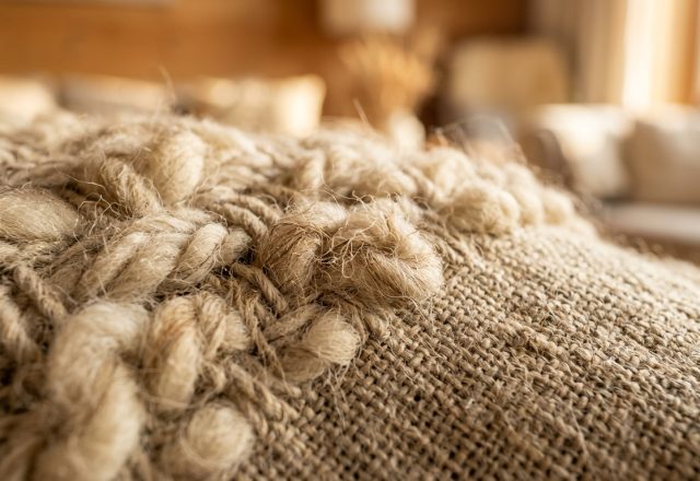 Close-up of thick textural home textiles with coarse weave and knotted loops in a sunlit room.