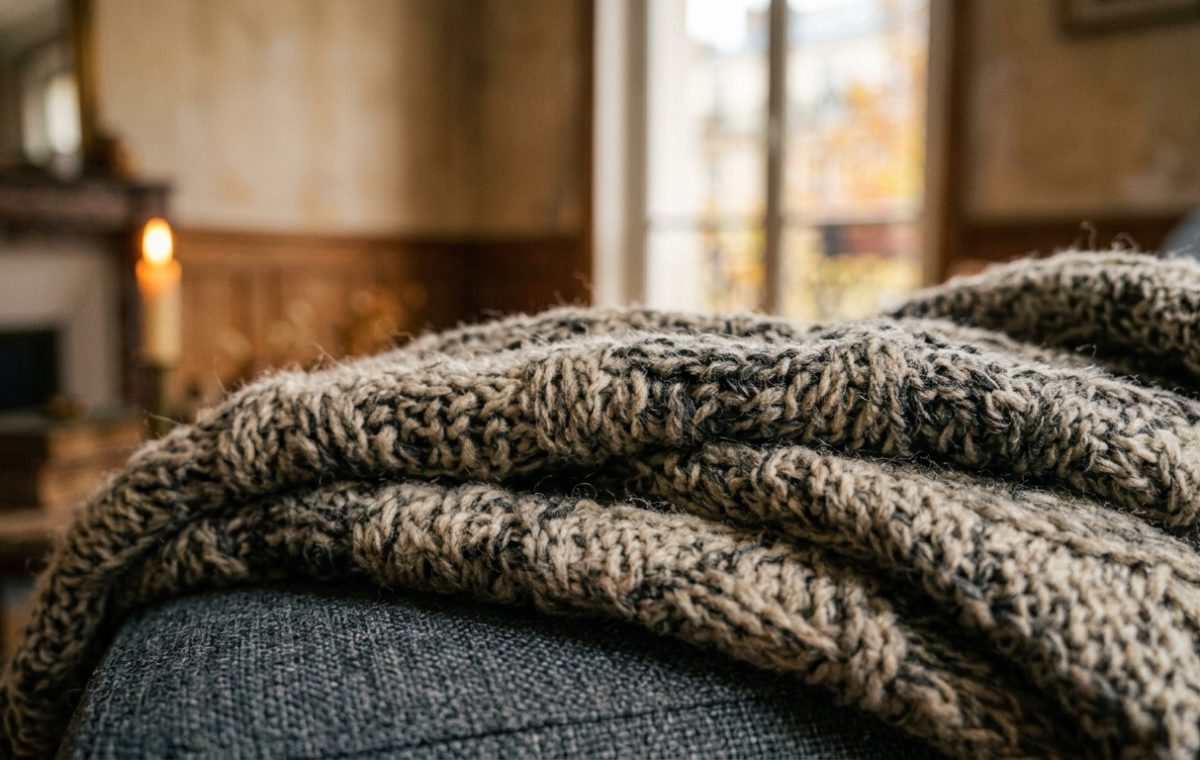 Close-up of a textured knit throw blanket draped over a dark sofa in a sunlit room with wooden paneling and a glowing candle in the background.