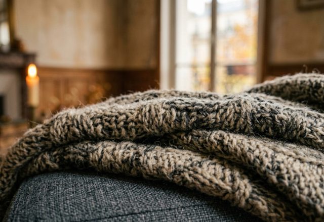 Close-up of a textured knit throw blanket draped over a dark sofa in a sunlit room with wooden paneling and a glowing candle in the background.
