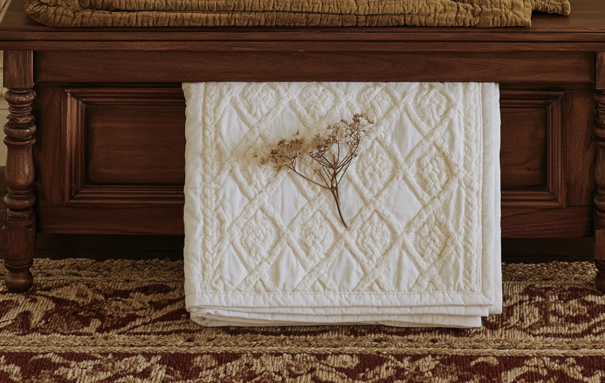 A neatly folded textured throw blanket with a dried flower resting on a wooden storage bench over a patterned rug.