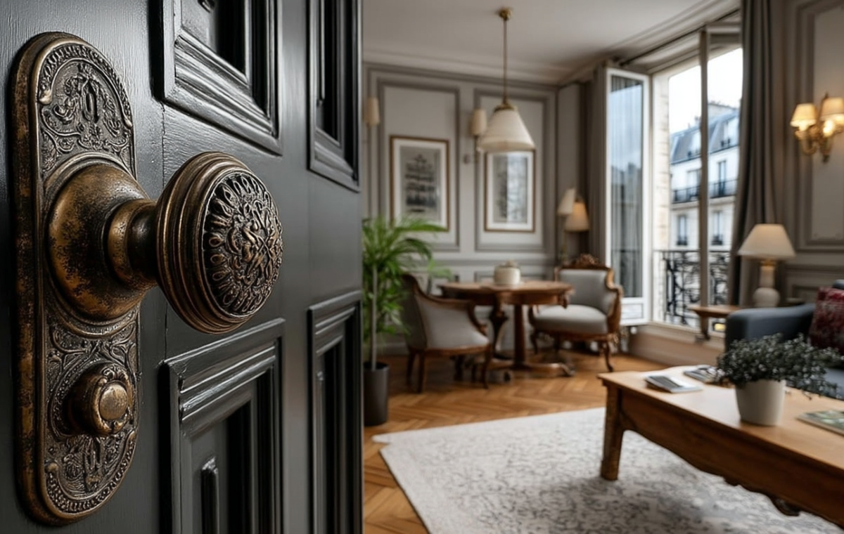 Close-up of an ornate antique brass door knob on a dark door opening into a classic living room