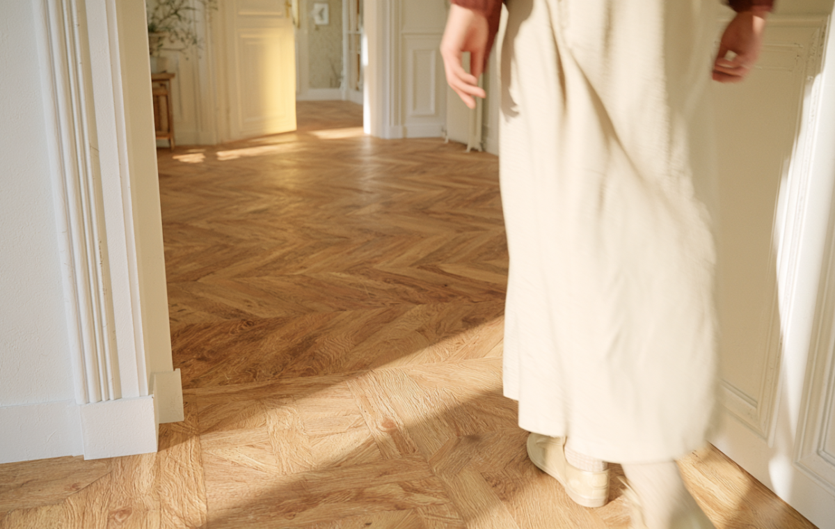 Sunlight illuminating a classic parquet flooring pattern in a bright hallway interior.