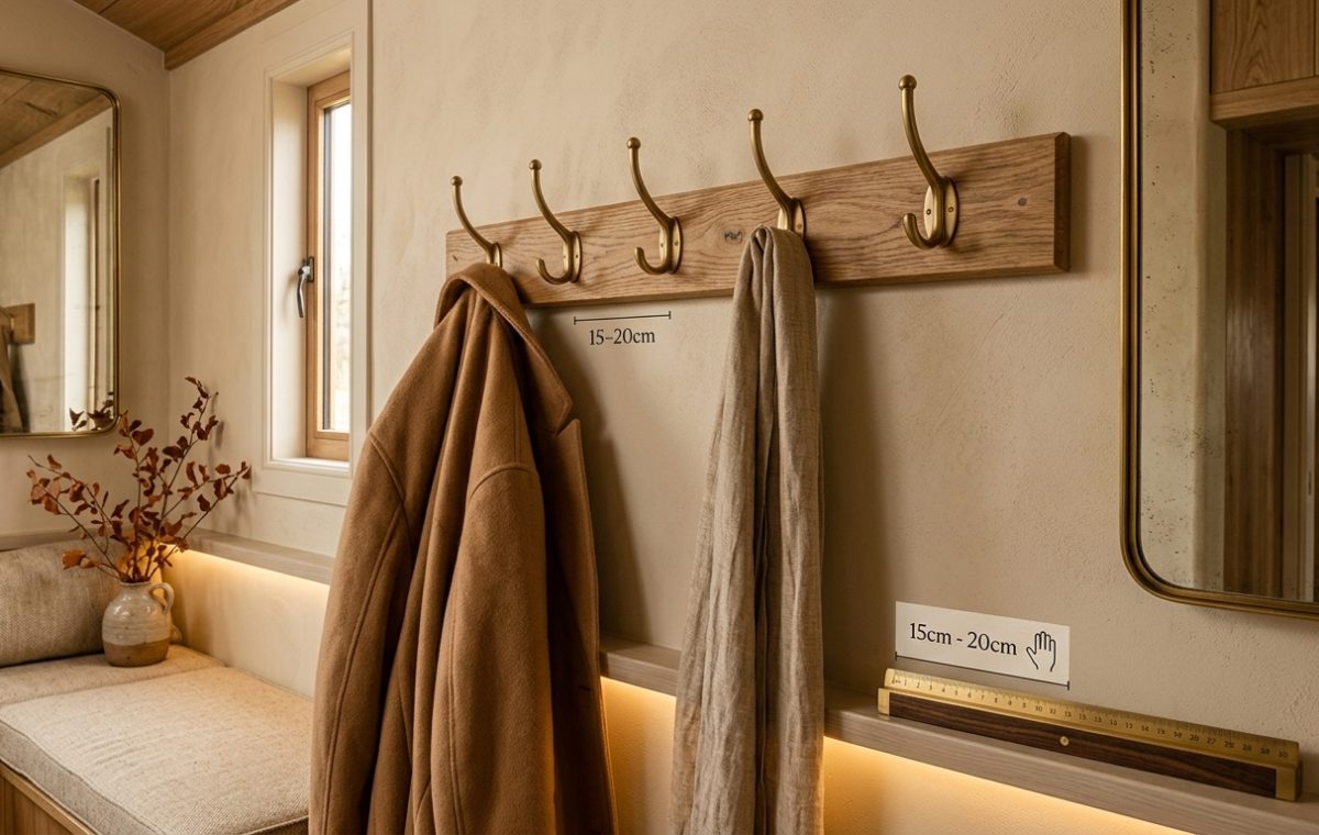 Solid oak wall rail with antique brass hooks showing ideal coat hook spacing of 15 to 20 cm in a warm neutral entryway.
