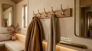 Solid oak wall rail with antique brass hooks showing ideal coat hook spacing of 15 to 20 cm in a warm neutral entryway.
