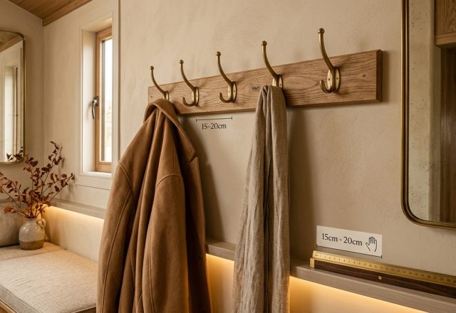 Solid oak wall rail with antique brass hooks showing ideal coat hook spacing of 15 to 20 cm in a warm neutral entryway.