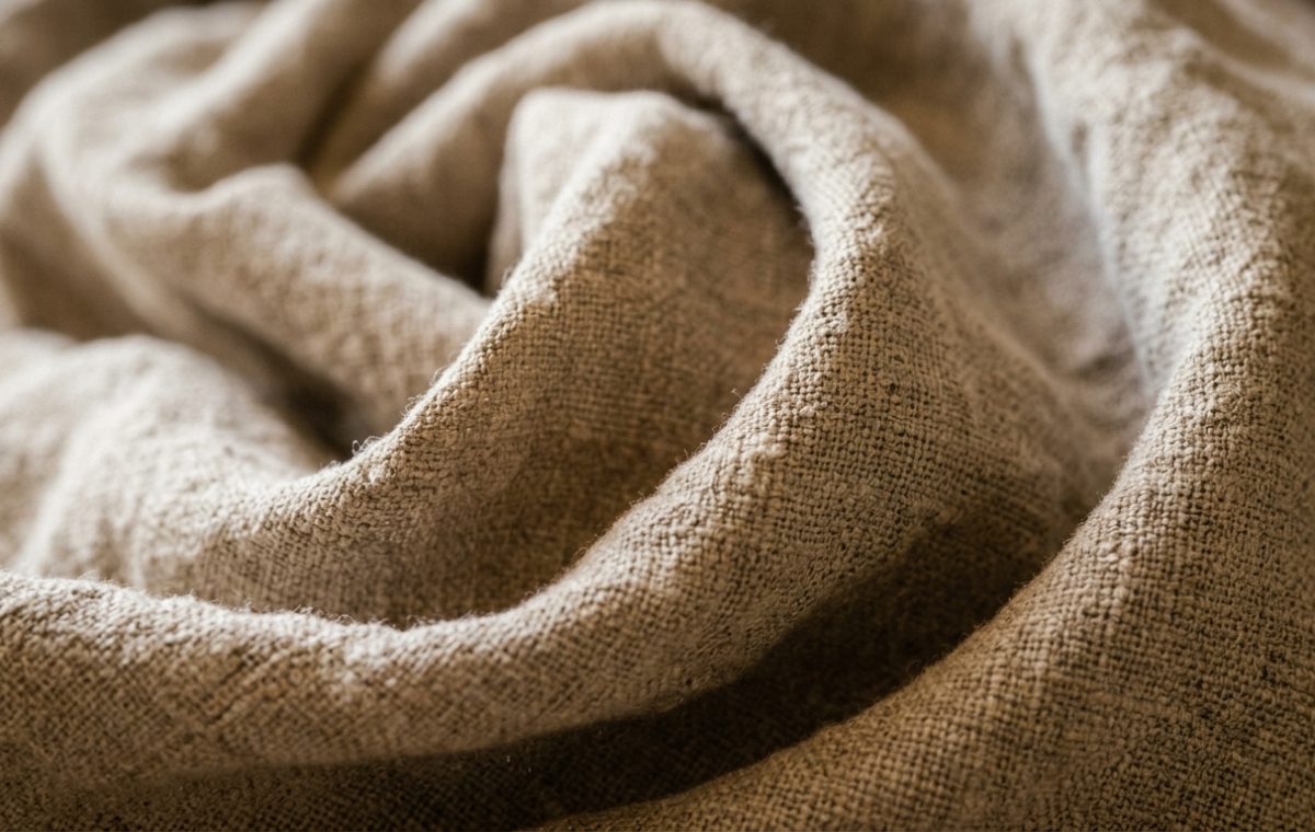 Close-up shot of tumbled neutral linen fabric showing rich texture and organic folds.