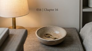 Minimalist nightstand drop bowl holding a brass key next to a bedside lamp