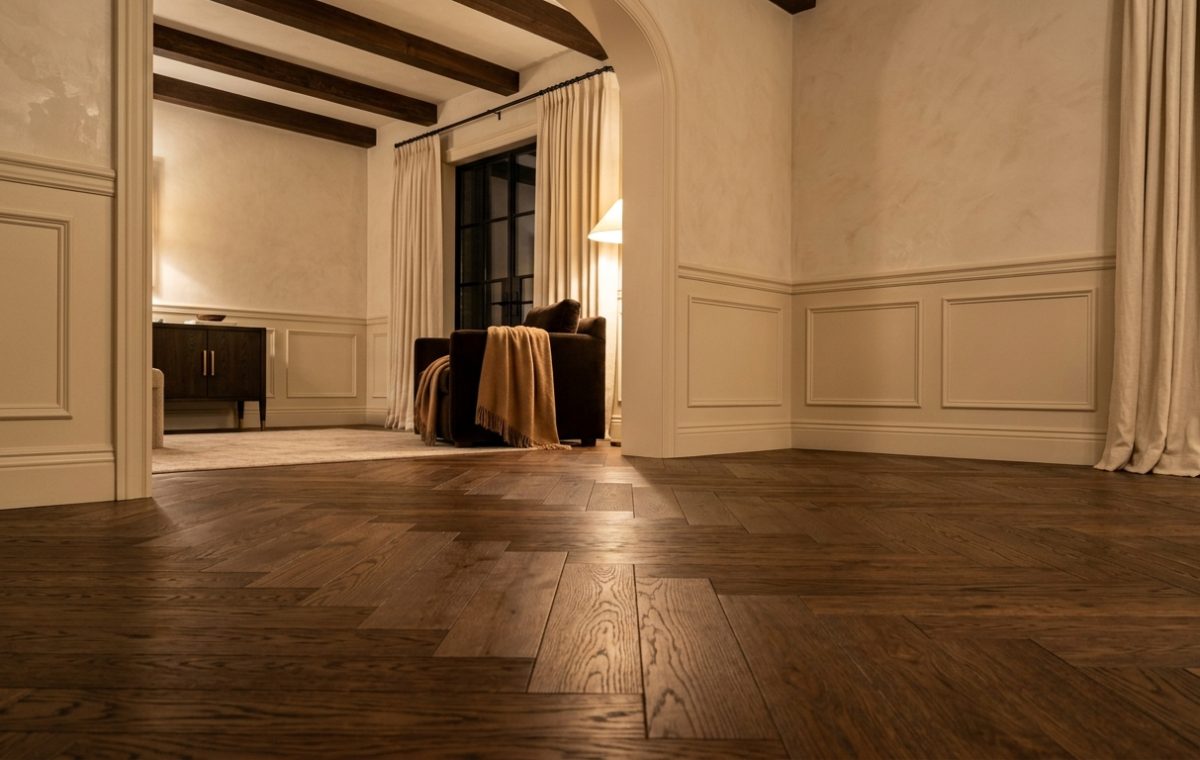 Close up of herringbone wood flooring in a luxury transitional living room with wainscoting.