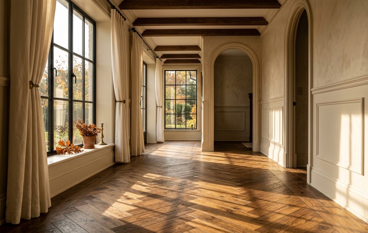 Bright hallway featuring natural oak herringbone hardwood floors and black steel-framed windows.