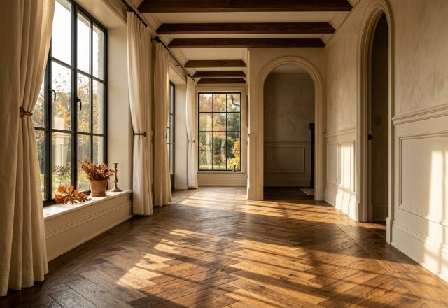 Bright hallway featuring natural oak herringbone hardwood floors and black steel-framed windows.