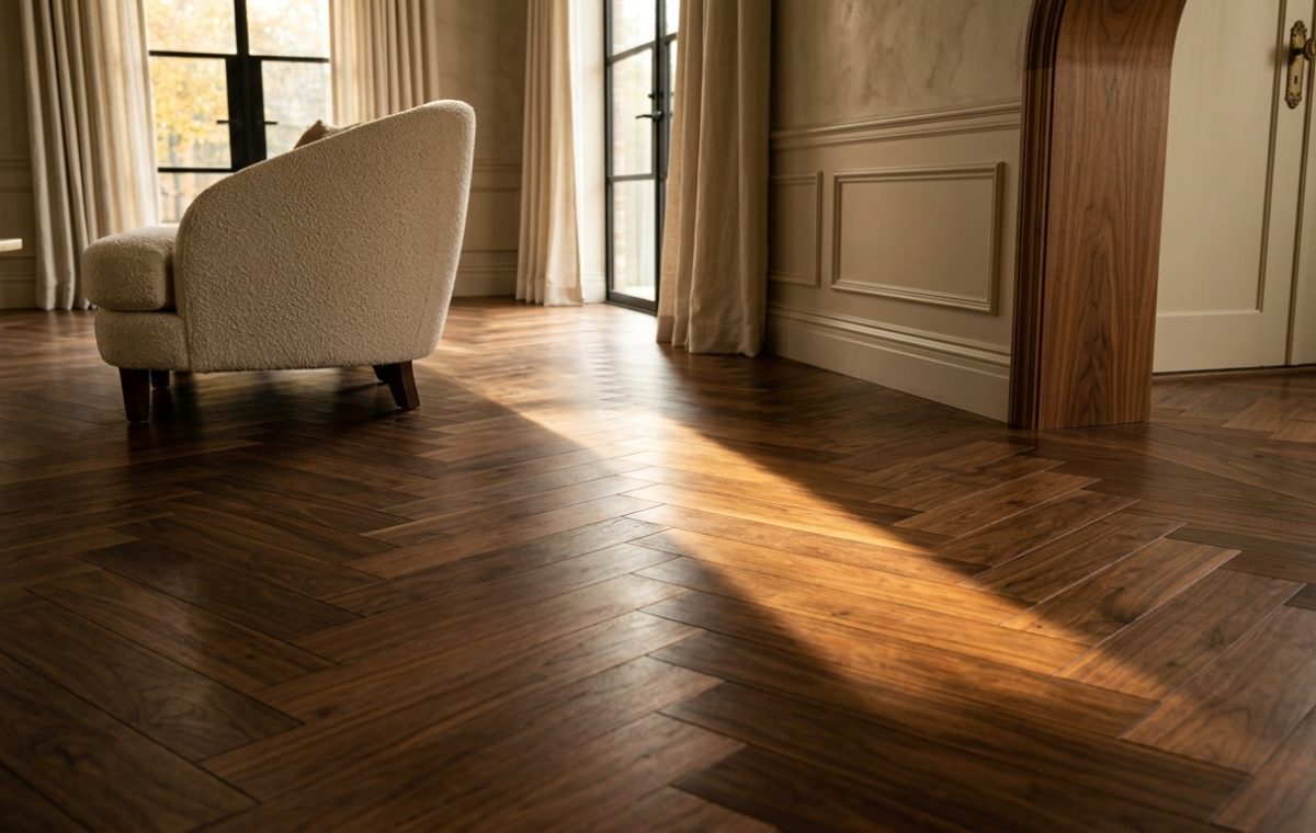 Rich dark walnut herringbone wood flooring in a bright living room with natural sunlight.