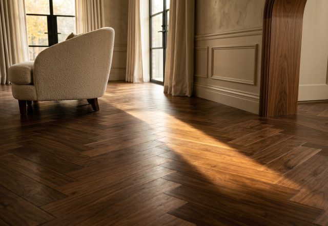 Rich dark walnut herringbone wood flooring in a bright living room with natural sunlight.