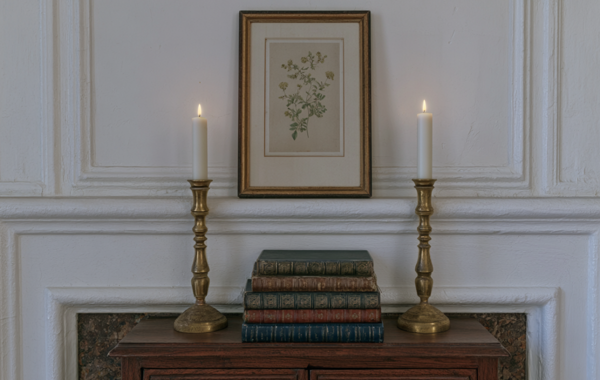 Vintage mantel decor featuring stacked old books, brass candlesticks with lit candles, and a botanical print.