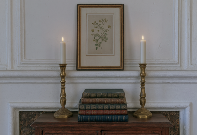 Vintage mantel decor featuring stacked old books, brass candlesticks with lit candles, and a botanical print.