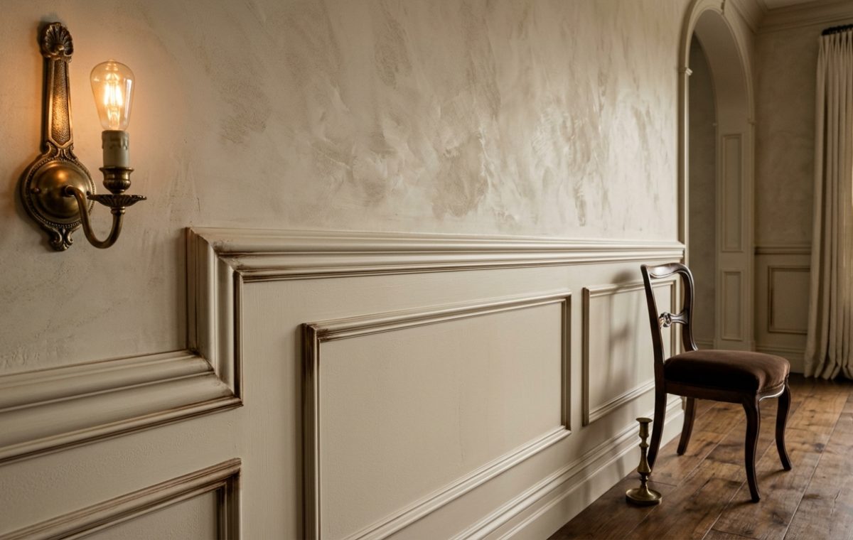 Classic wainscoting ideas featuring cream raised panel molding and vintage wall sconces in a hallway corridor with hardwood floors, showcasing traditional interior design style.