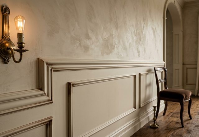 Classic wainscoting ideas featuring cream raised panel molding and vintage wall sconces in a hallway corridor with hardwood floors, showcasing traditional interior design style.