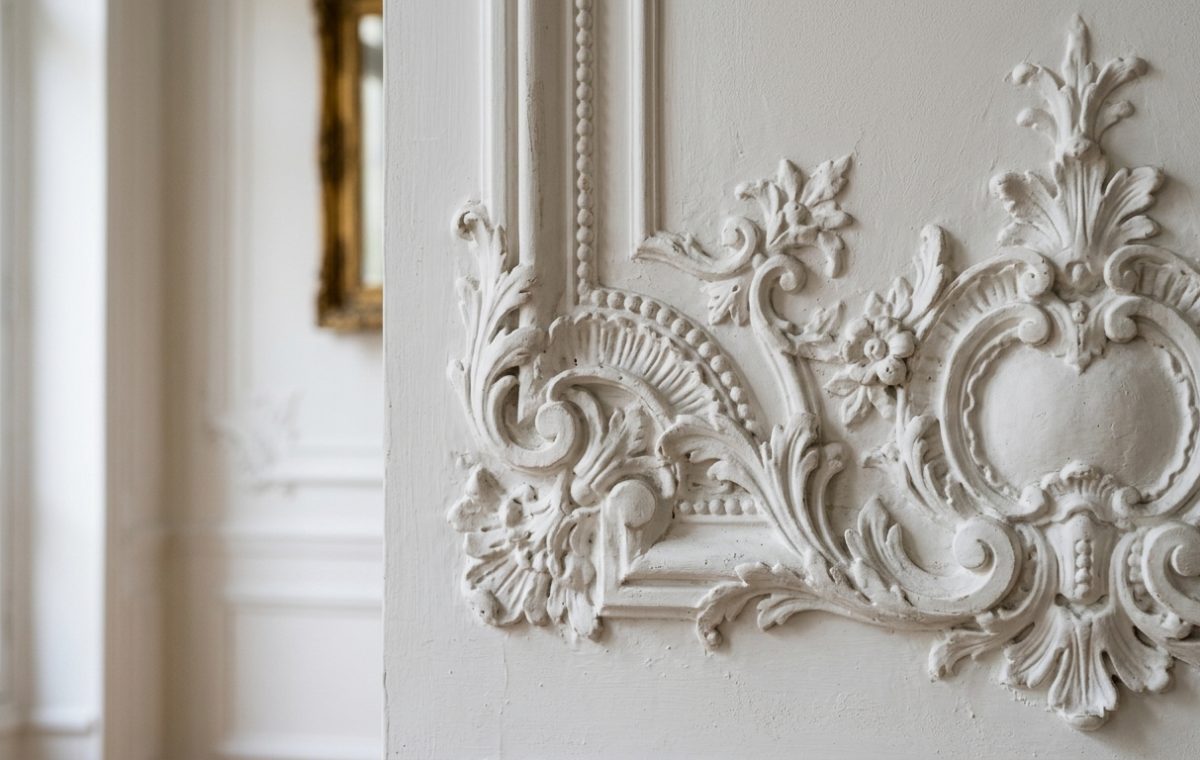Close up of an intricate plaster wall molding design with floral relief details in a historic home.