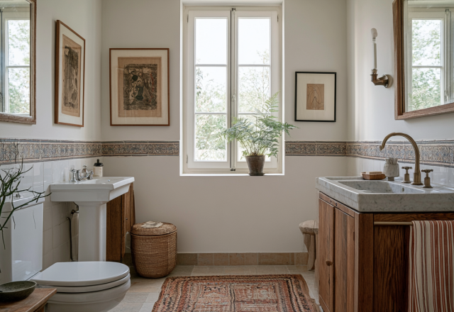 traditional bathroom decor featuring vintage art prints wood vanity and patterned tile border