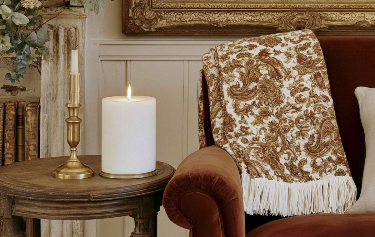 Traditional living room decor featuring a velvet sofa, tapestry throw blanket, and antique brass candlestick on a wood table.