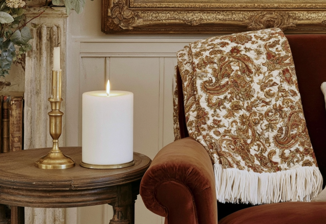 Traditional living room decor featuring a velvet sofa, tapestry throw blanket, and antique brass candlestick on a wood table.