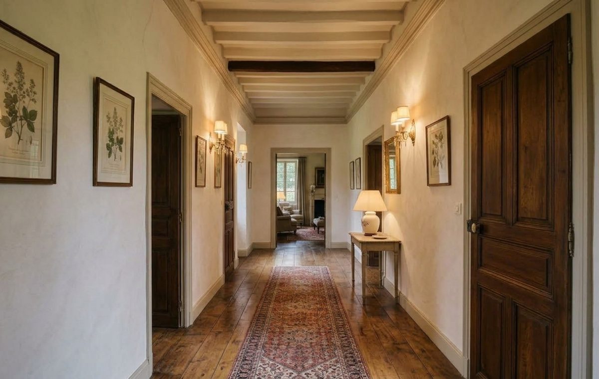 A long hallway design featuring wide plank wood floors, vintage runner rug, dark wooden doors, and warm wall sconces in a historic home.