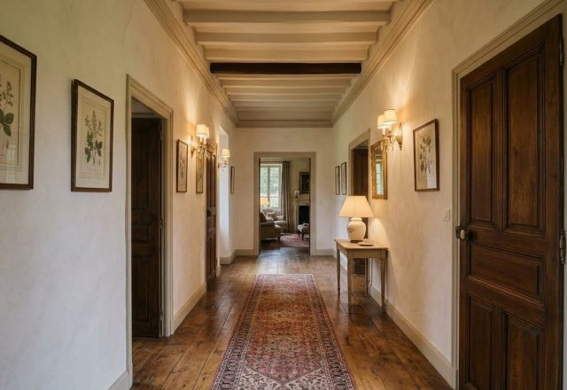 A long hallway design featuring wide plank wood floors, vintage runner rug, dark wooden doors, and warm wall sconces in a historic home.