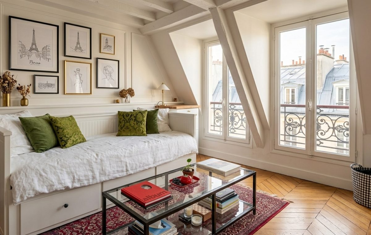 Bright attic living space featuring a white daybed, olive green cushions, and sloped windows overlooking classic rooftops.