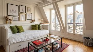 Bright attic living space featuring a white daybed, olive green cushions, and sloped windows overlooking classic rooftops.