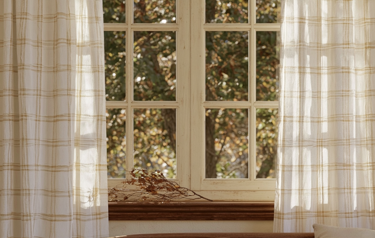 Natural window treatments featuring light plaid linen curtains framing a multi-pane rustic window.