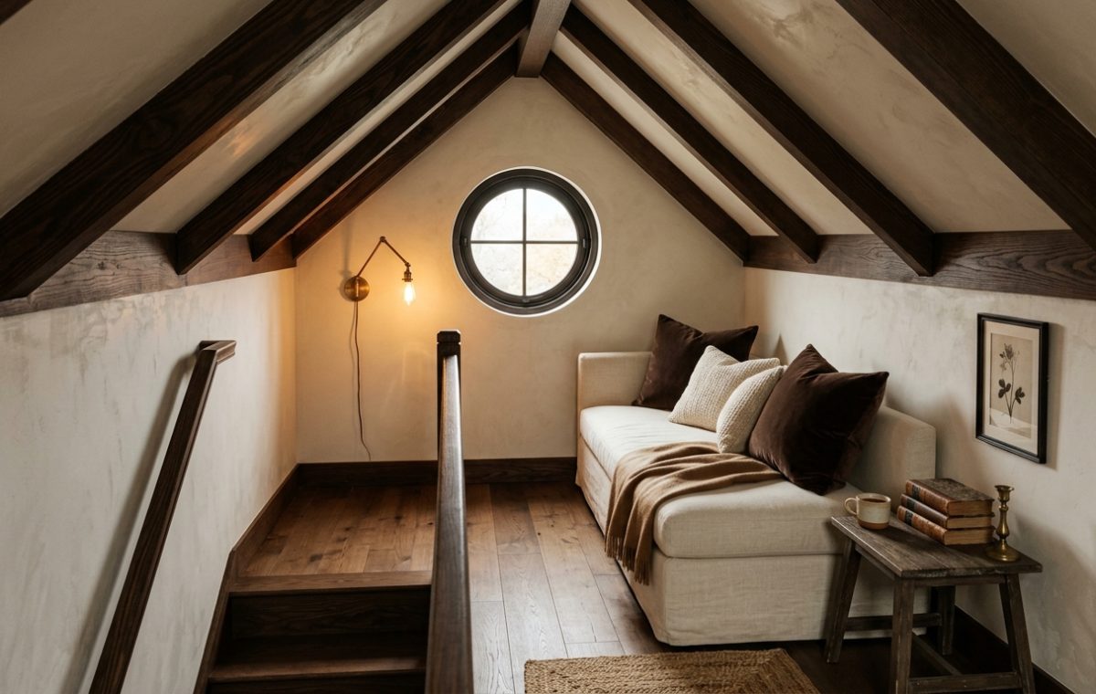 Cozy attic landing setup featuring dark wood beams, a circular window, and a comfortable daybed.