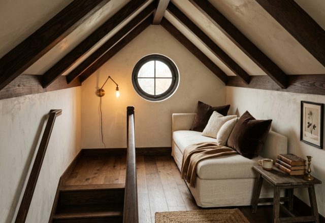 Cozy attic landing setup featuring dark wood beams, a circular window, and a comfortable daybed.