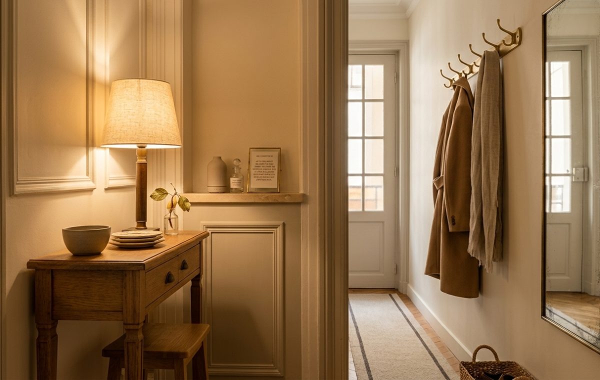 Cozy entryway featuring warm hallway lighting, a wooden console table, brass coat hooks, and a mirror.