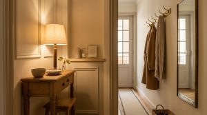 Cozy entryway featuring warm hallway lighting, a wooden console table, brass coat hooks, and a mirror.