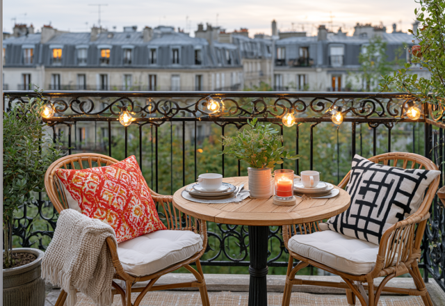 Cozy small balcony decor featuring a wooden bistro table, rattan chairs, and fairy lights overlooking city rooftops.