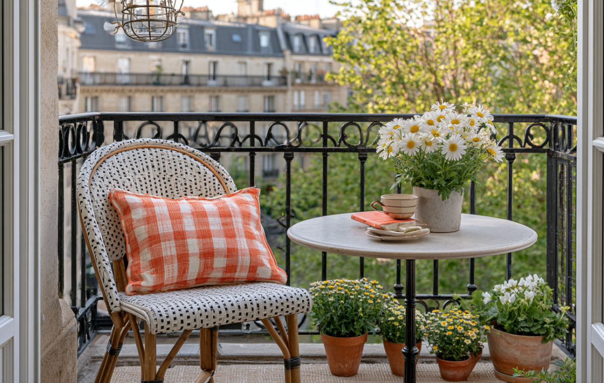 Cozy small balcony design featuring a bistro set, white daisies, and an orange checkered pillow overlooking city buildings.