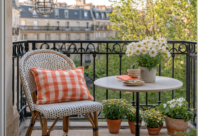 Cozy small balcony design featuring a bistro set, white daisies, and an orange checkered pillow overlooking city buildings.