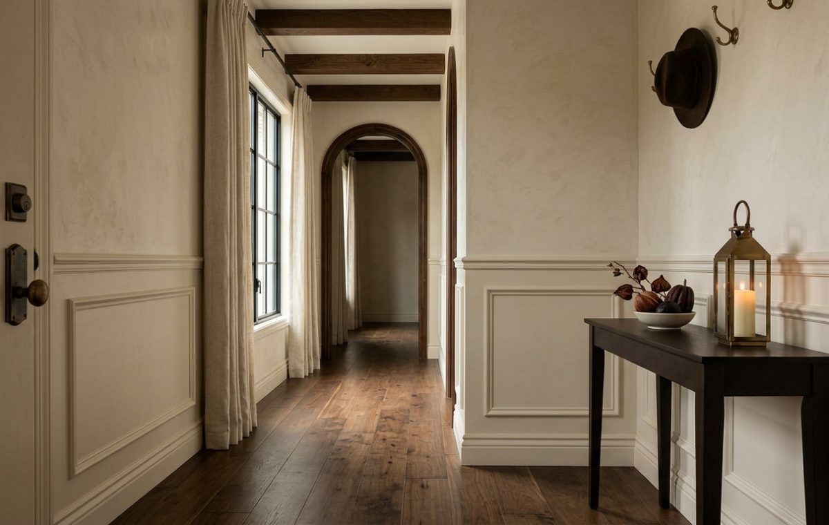 Transitional hallway design with warm plaster walls, wainscoting, dark wood console table, and hardwood floors
