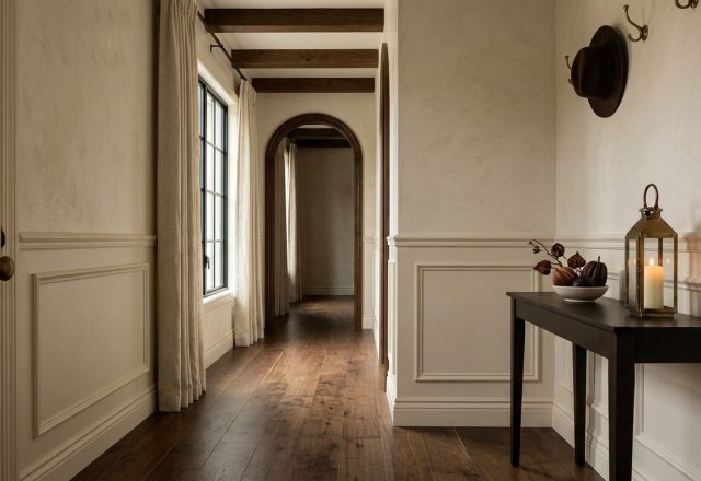 Transitional hallway design with warm plaster walls, wainscoting, dark wood console table, and hardwood floors