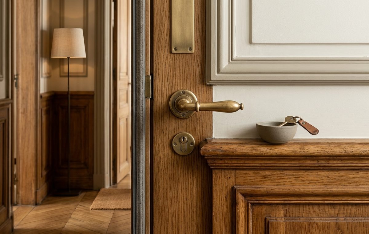 Close up of historic home hardware featuring a brass door handle and key on a wooden wainscoting ledge