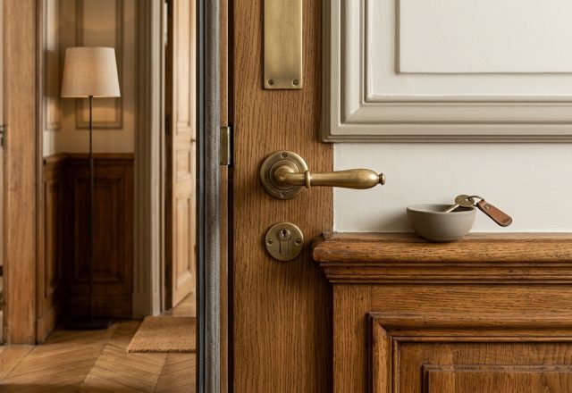 Close up of historic home hardware featuring a brass door handle and key on a wooden wainscoting ledge
